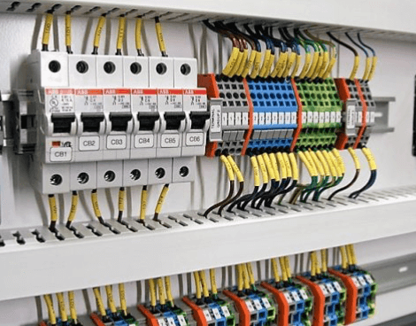 DIN rails and switches in an enclosure