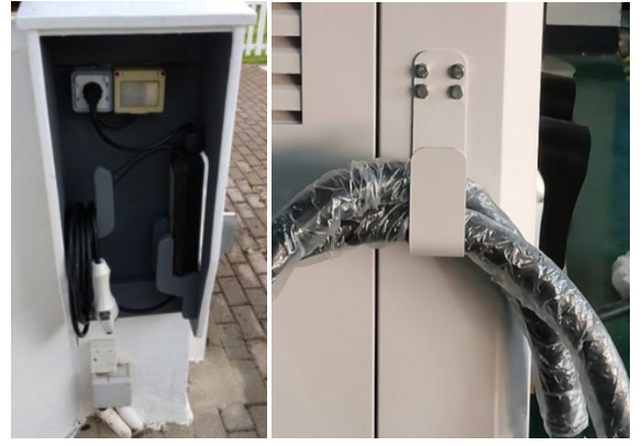 Cable hooks in EV charger enclosure and cable holder